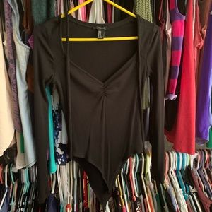 forever 21 black long sleeve vneck bodysuit